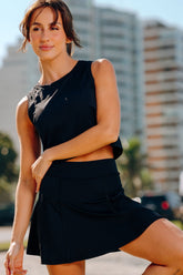 Conjunto Cropped Regata e Short Saia Furadinha Preta